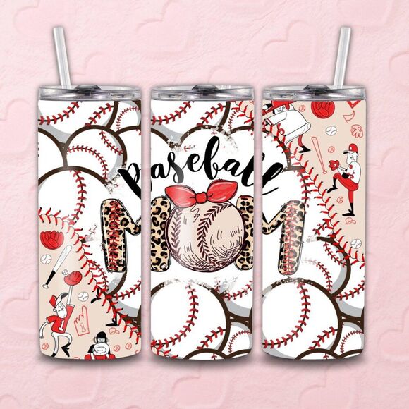 NWOT Baseball Mom Red Bow Printed Tumbler Sz 20 oz Red, Tan, Black - Picture 1 of 1